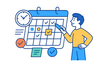 Poster - Vector illustration of a person organizing a calendar while managing time and tasks creatively in a digital style