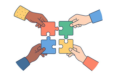 Poster - Hands joining together to complete colorful puzzle pieces in collaborative teamwork activity