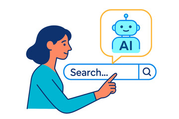 Aufkleber - Woman searching for information about AI using a digital interface with a chatbot illustration in a modern setting