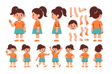 Poster - Vector illustration of a cheerful young girl showcasing various poses and expressions in casual attire