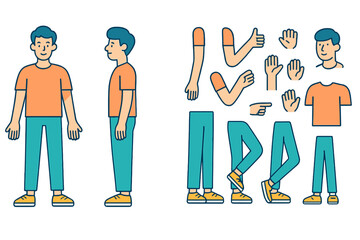 Poster - Detailed vector illustration of a young man in various poses with separate body parts for animation and character design