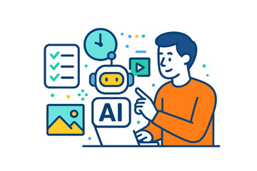 Poster - Vector illustration of a person interacting with a friendly AI robot while using a laptop in a creative workspace