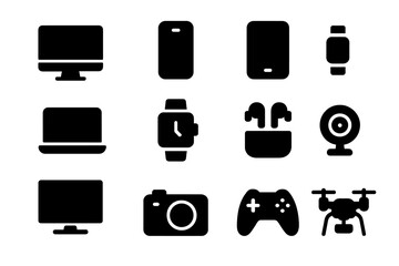 Poster - Collection of vector illustrations showcasing various modern electronic devices in black silhouette design