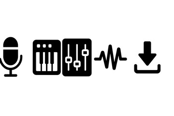 Poster - Vector illustration of music production elements including microphone, keyboard, audio mixer, sound wave, and download icon in a minimalistic design