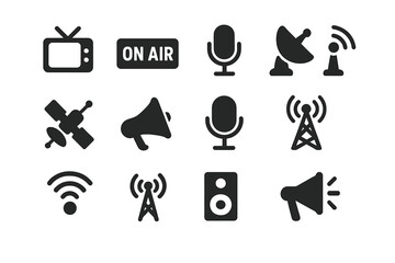Poster - Collection of broadcast and communication icons illustrating media activities and technology in a minimalistic style
