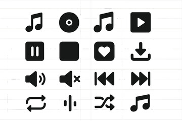 Fototapete - Black vector music icons set featuring various symbols for playback, volume control, and audio actions for digital media applications