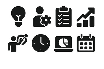 Aufkleber - Creative illustration of business concepts featuring icons for innovation, planning, and productivity in a modern workspace environment