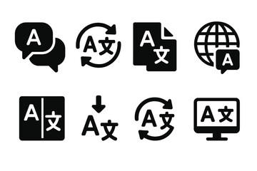 Poster - Vector illustration of language translation icons depicting communication, documents, and global connectivity