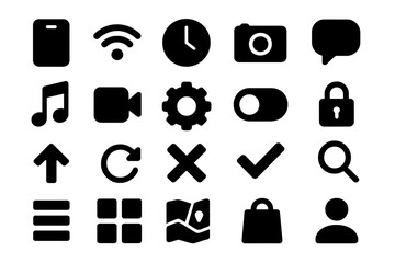 Poster - Vector illustration of various black technology icons on a white background suitable for digital design projects