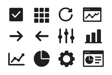 Aufkleber - Vector illustration of business and data analysis icons showcasing charts, controls, and navigation symbols used in software applications
