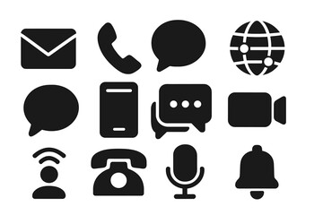 Fototapete - Black vector illustration of communication symbols including phone, email, chat bubbles, and video icons for digital interaction