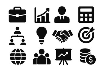 Poster - Business concepts represented through vector illustrations of graphs, teamwork, and finance symbols in a minimalist style