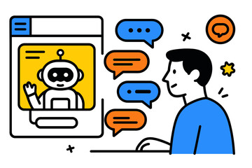 Poster - Virtual interaction between a person and a friendly chatbot on a digital platform in a modern workspace
