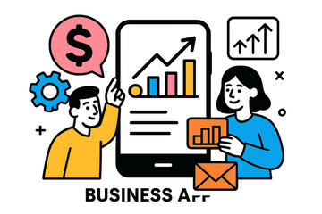 Aufkleber - Vector illustration of business professionals discussing a mobile app for financial management and growth