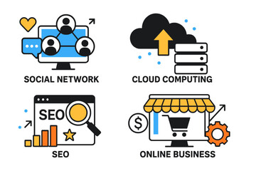 Poster - Vector illustration showcasing online business concepts including social networking, cloud computing, SEO analytics, and e-commerce shopping
