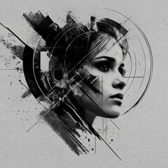 Poster - Abstract Monochrome Portrait of a Woman with Geometric Shapes and Ink Splatter in a Contemporary Style 