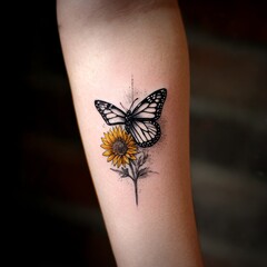 Aufkleber - Elegant Butterfly and Sunflower Tattoo on Arm, Nature Inspired Ink Art with Delicate Details