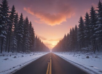Wall Mural - asphalt road cuts through snowy forest, vibrant sunrise paints sky, milky way arcs overhead , scenic