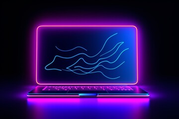 Poster - Neon outline of a computer on a clean background, highlighting modern digital aesthetics