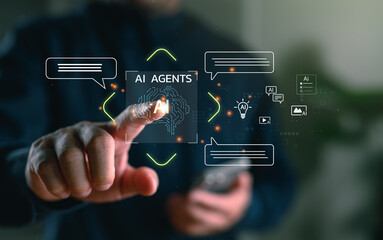 Poster - Businessman using AI agent interface for smart automation and digital communication. Concept of artificial intelligence, chatbot, virtual assistant, and generative AI technology.