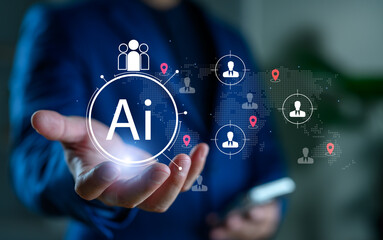 Poster - Artificial Intelligence in global HR management and recruitment. AI-powered talent acquisition, workforce analytics and automation in employee selection and human resources strategy.