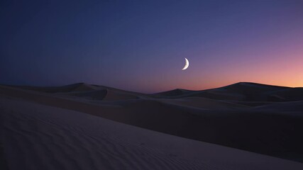 Wall Mural - Crescent moon glimmering against twilight sky, casting ethereal light over vast desert landscape with expansive sand dunes and serene horizon