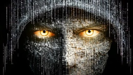 anonymous hacking persona Faceless hacker identity hidden in faceless hacker code under faceless hacker encryption in cyber anonymity concept. data security disguise, identity obfuscation in cyber 