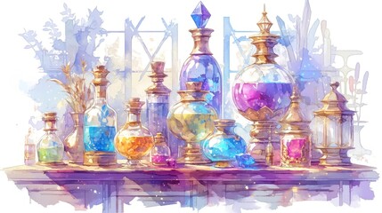 Poster - Mystical Potion Collection in City Pop Style, vibrant herbal vials glowing with golden light, dreamy watercolor illustration capturing a whimsical urban atmosphere