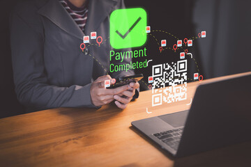 Aufkleber - Female client using smartphone to scan QR code to make payment. Customer making payment through mobile phone and scan code for online shopping. Secure online payment, Digital banking.