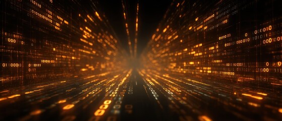 Poster - binary code tunnel glowing orange digital data stream background
