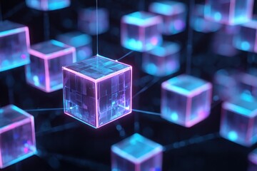 Poster - abstract neon glowing cubes in dark background