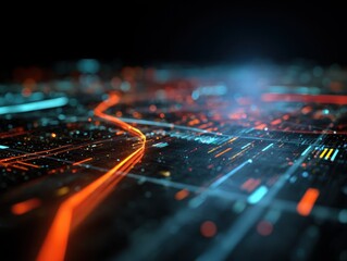 Fototapete - Abstract digital network glowing lines data streams