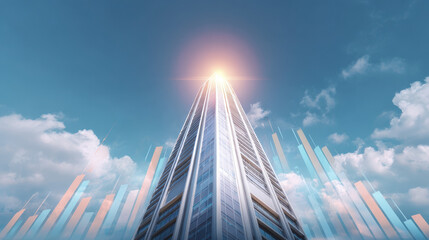 Aufkleber - Modern skyscraper reaching towards sky with glowing light at its peak, surrounded by abstract financial graph elements symbolizing growth and success