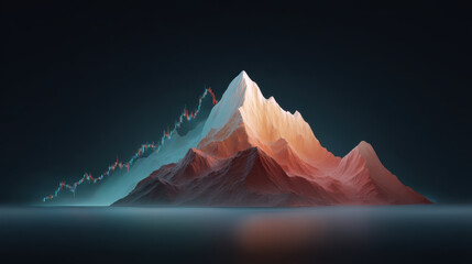 Poster - Conceptual 3D visualization of stock market graph shaped like mountain range, with vibrant red and blue tones, symbolizing financial growth and market fluctuations