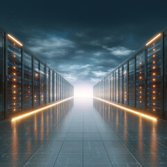 Poster - Futuristic data center with glowing server racks, illuminated pathways, and bright light at end of corridor under starry sky, evoking innovation and technology