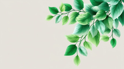 Poster - Soft arrangement of cascading green leaves forming natural arc against light beige background, evoking serene and refreshing atmosphere