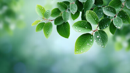 Poster - Bright green leaves with morning dew drops, creating fresh and vibrant natural scene against softly blurred background. image evokes tranquility and beauty of nature