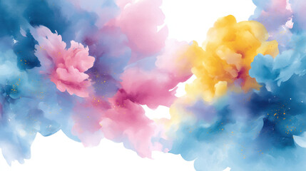 Poster - vibrant watercolor blotches in abstract art style, featuring soft pink, blue, and yellow hues blendi