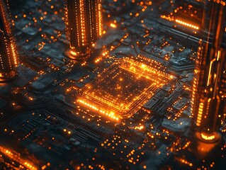Poster - Intricate network: Motherboard illuminated with golden pathways for data transmission
