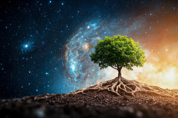 Wall Mural - A tree with exposed roots stands under a vibrant starry galaxy, blending nature and cosmos in a surreal, dreamlike landscape.