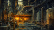 © Nathan - An industrial scene showcasing a large, dimly lit factory interior with vibrant orange and yellow hues illuminating the space.
