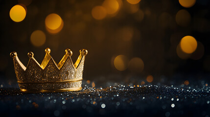 Aufkleber - A sparkling golden crown on a glittery surface, surrounded by bokeh lights, evoking a sense of elegance and royalty.