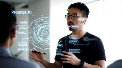Programmer presenting coding app, Professional pointing at programming interface demonstrating software, explaining about prompt AI.