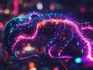 Poster - Futuristic creature emerging with neon glow and intricate circuitry details
