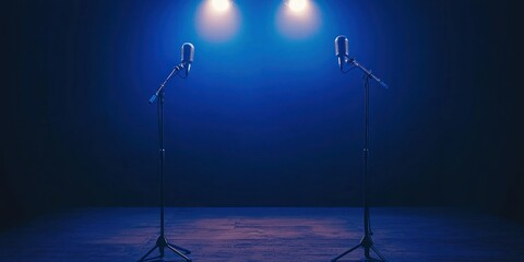 Wall Mural - podcast space with two hosts and microphones in front of a dark backdrop, ideal for streaming stock 