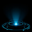 Digital HUD circle with holographic beam on black background for technology concept. Futuristic sci-fi ring. Tech element for UI and GUI design. Vector illustration