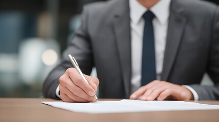 Poster - Businessman in a formal suit reviewing and signing important contract documents as part of a commercial agreement and business partnership