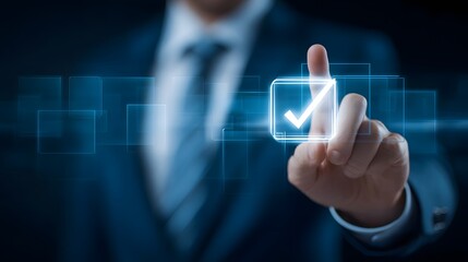 Poster - Businessman reviewing digital workflow management tools and validation processes in a corporate office setting featuring modern technology driven interfaces for efficient business