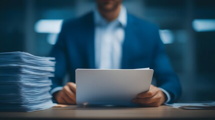 Poster - Businessman using laptop computer to manage and approve digital documents and paperless workflow for efficient business and project management