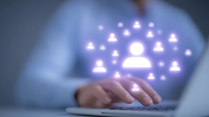 Poster - Businessman using laptop computer with employee benefits icons such as insurance paid vacation and office perks displayed on a virtual screen